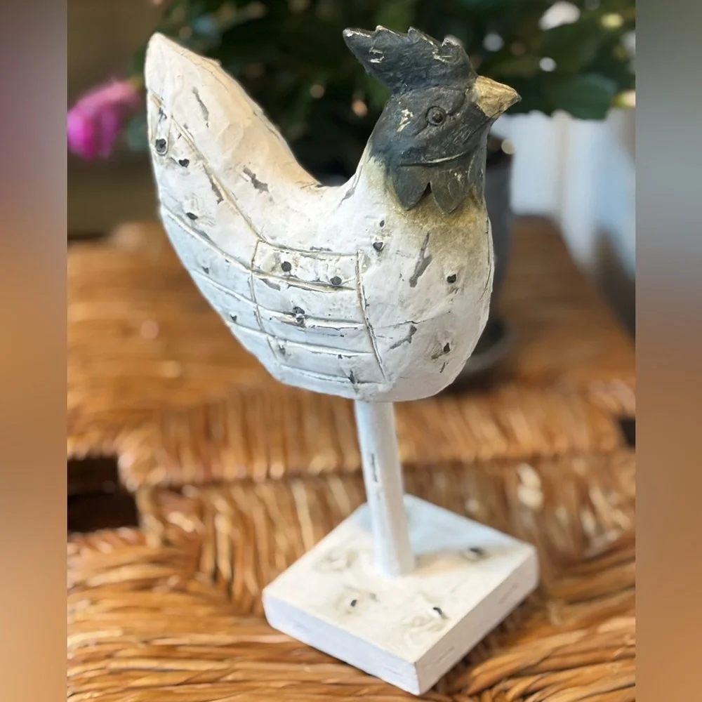 Rustic Country Farm Barn Style White and Black Rooster Sculpture Made of Wood - Picture 5 of 7